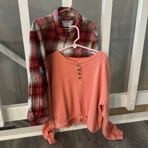 Old Navy Red Plaid Flannel Button Down and Light Orange Ribbed Tie Front Top